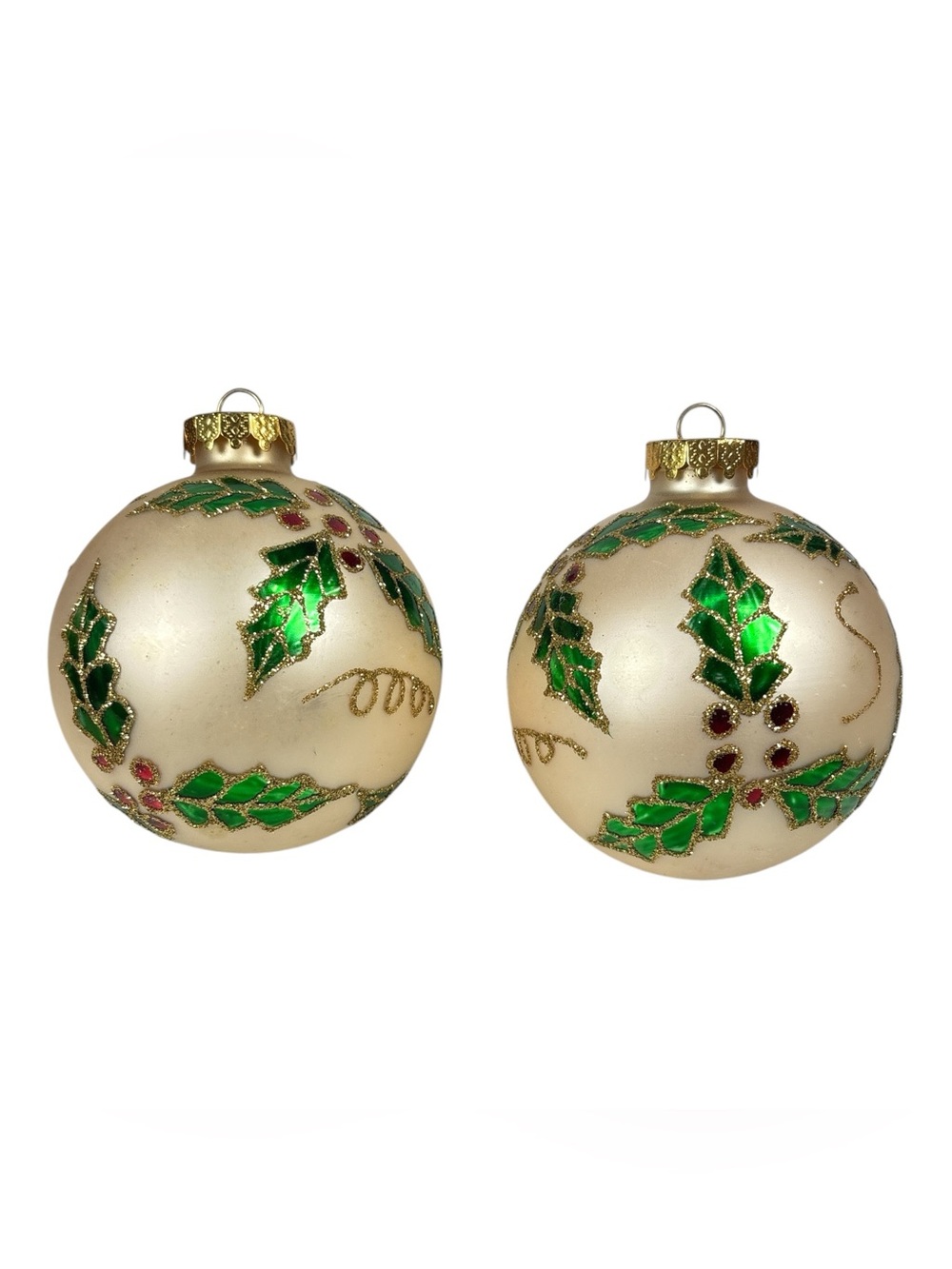 2 Vintage Holly & Berries 3.25" Cream Mercury Glass Christmas Ornament Balls
